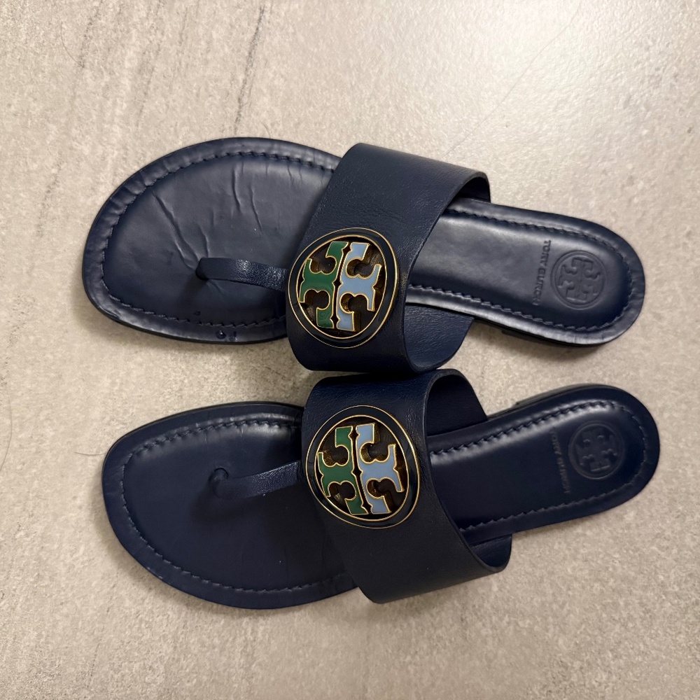 Size 6.5 smooth leather blue Tory Burch Flip Flops